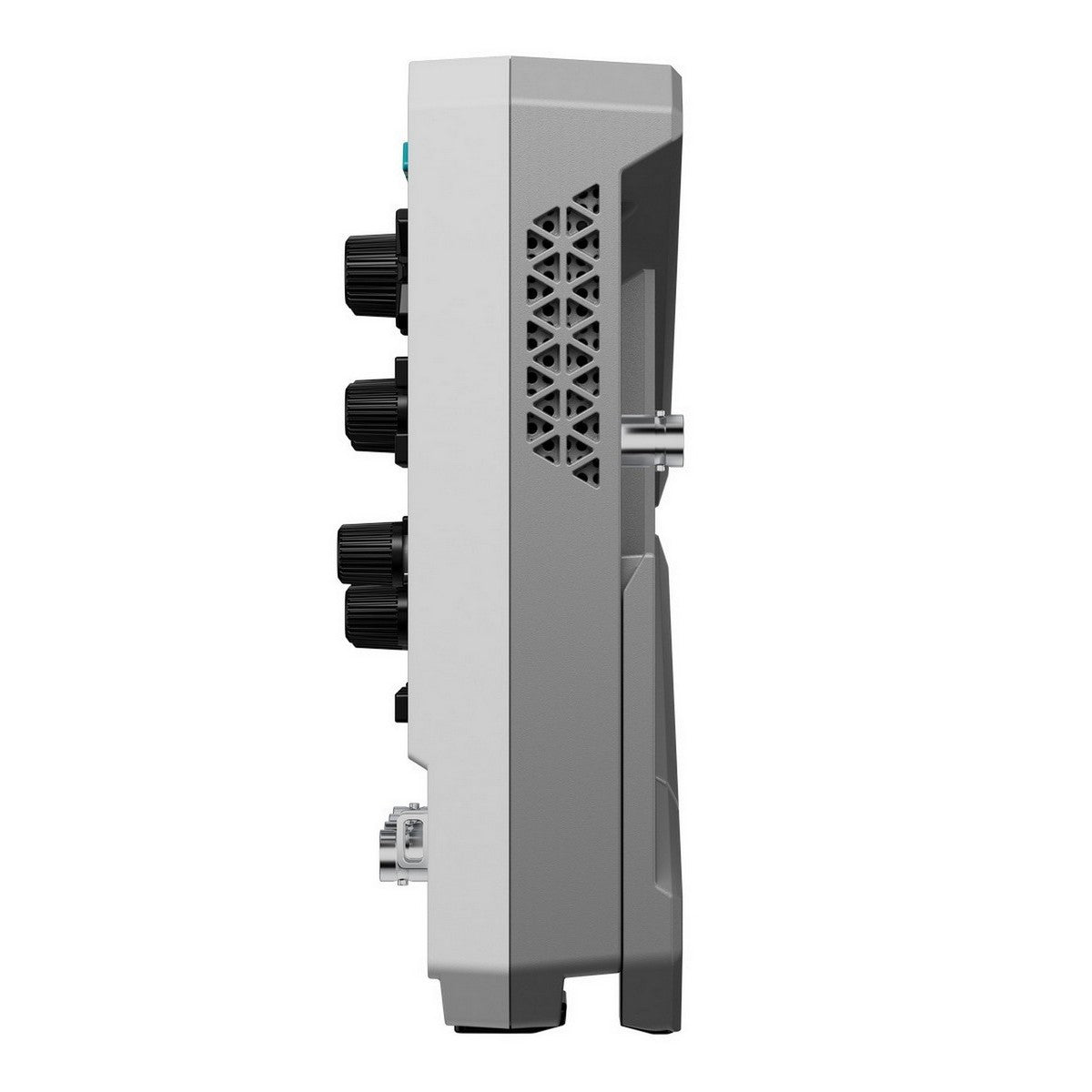 UNI-T UPO1082HD 80 MHz 2-Channel Digital Storage Oscilloscope – 1.25 GSa/s (single channel), 625 MSa/s (dual channels), 100 Mpts - the grey casing, ventilation pattern, three black adjustment knobs, and a port.