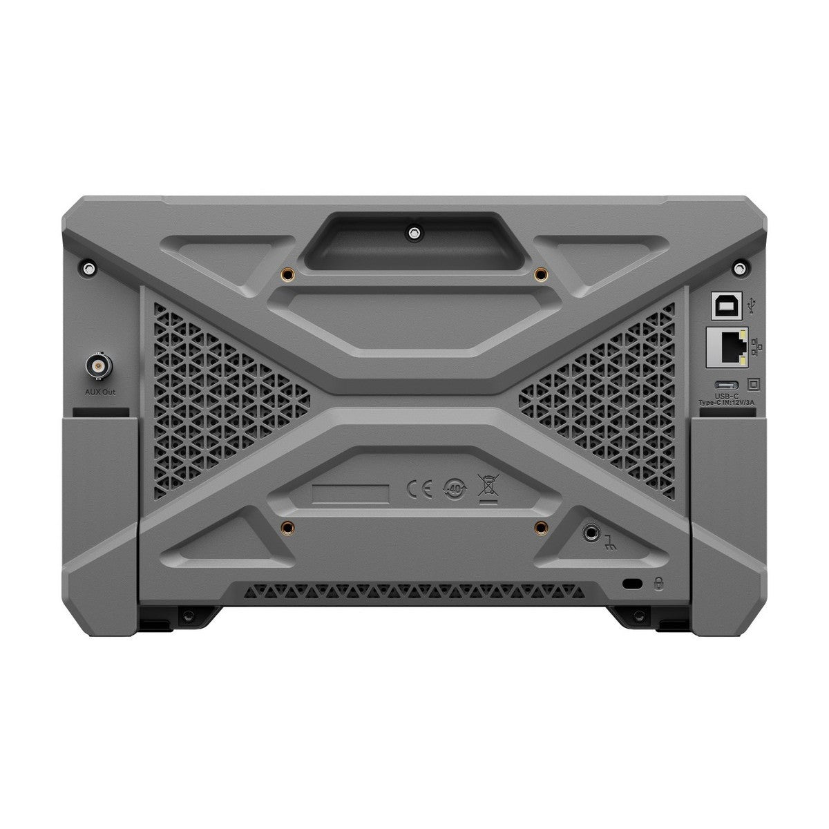 UNI-T UPO1082HD 80 MHz 2-Channel Digital Storage Oscilloscope – 1.25 GSa/s (single channel), 625 MSa/s (dual channels), 100 Mpts - a grey plastic housing with ventilation grilles, an AUX Out port, a USB-C input, a LAN port, and a USB port.