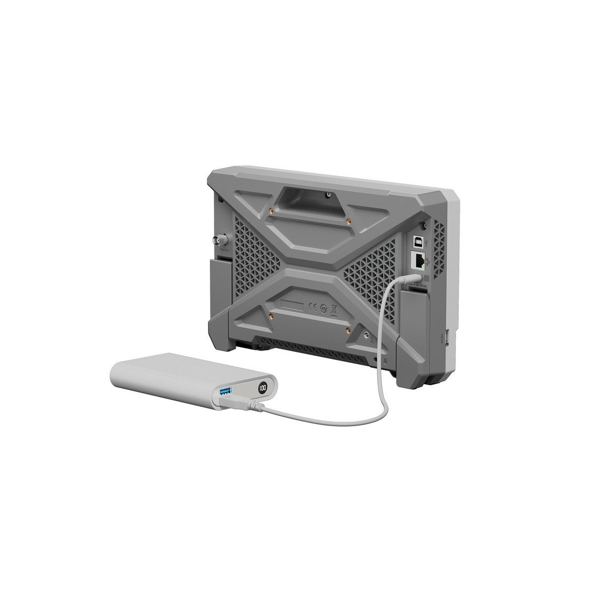 UNI-T UPO1082HD 80 MHz 2-Channel Digital Storage Oscilloscope – 1.25 GSa/s (single channel), 625 MSa/s (dual channels), 100 Mpts - rear view in grey, showing a BNC connector, Ethernet port, USB port, and a power bank connected via a white cable.