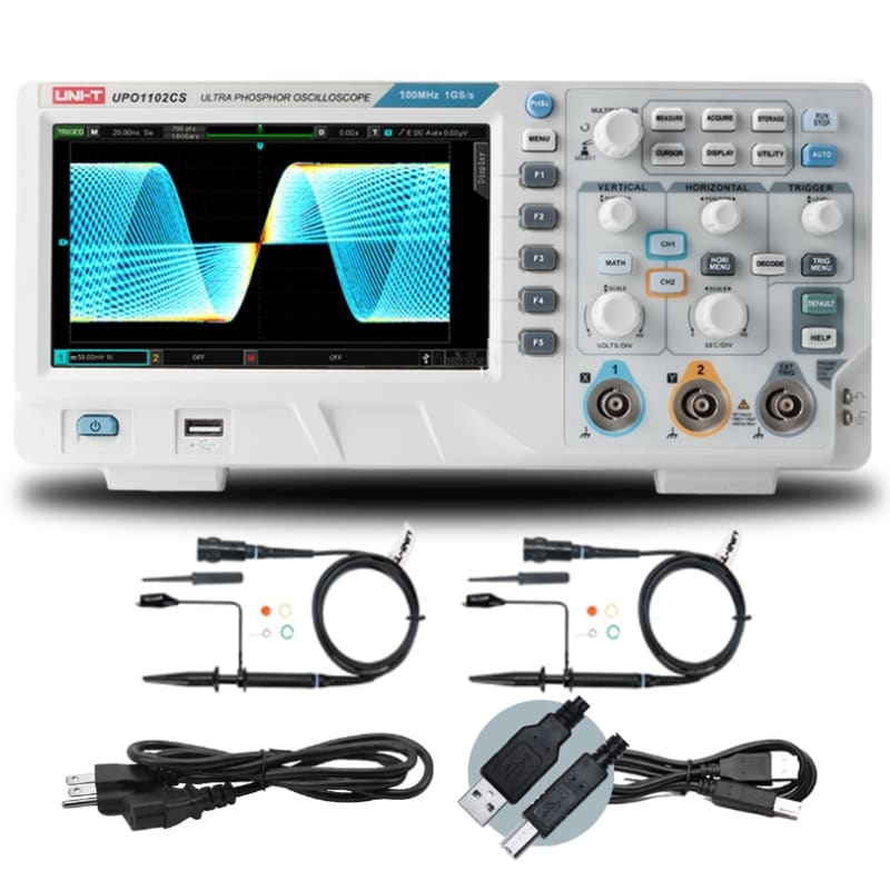 UNI-T UPO1102CS 100 MHz 2-Channel Digital Storage Oscilloscope – 1 GSa/s, 56 Mpts per channel - with a white body, display showing a waveform, control knobs, ports, two probes, a power cable, and a USB cable.
