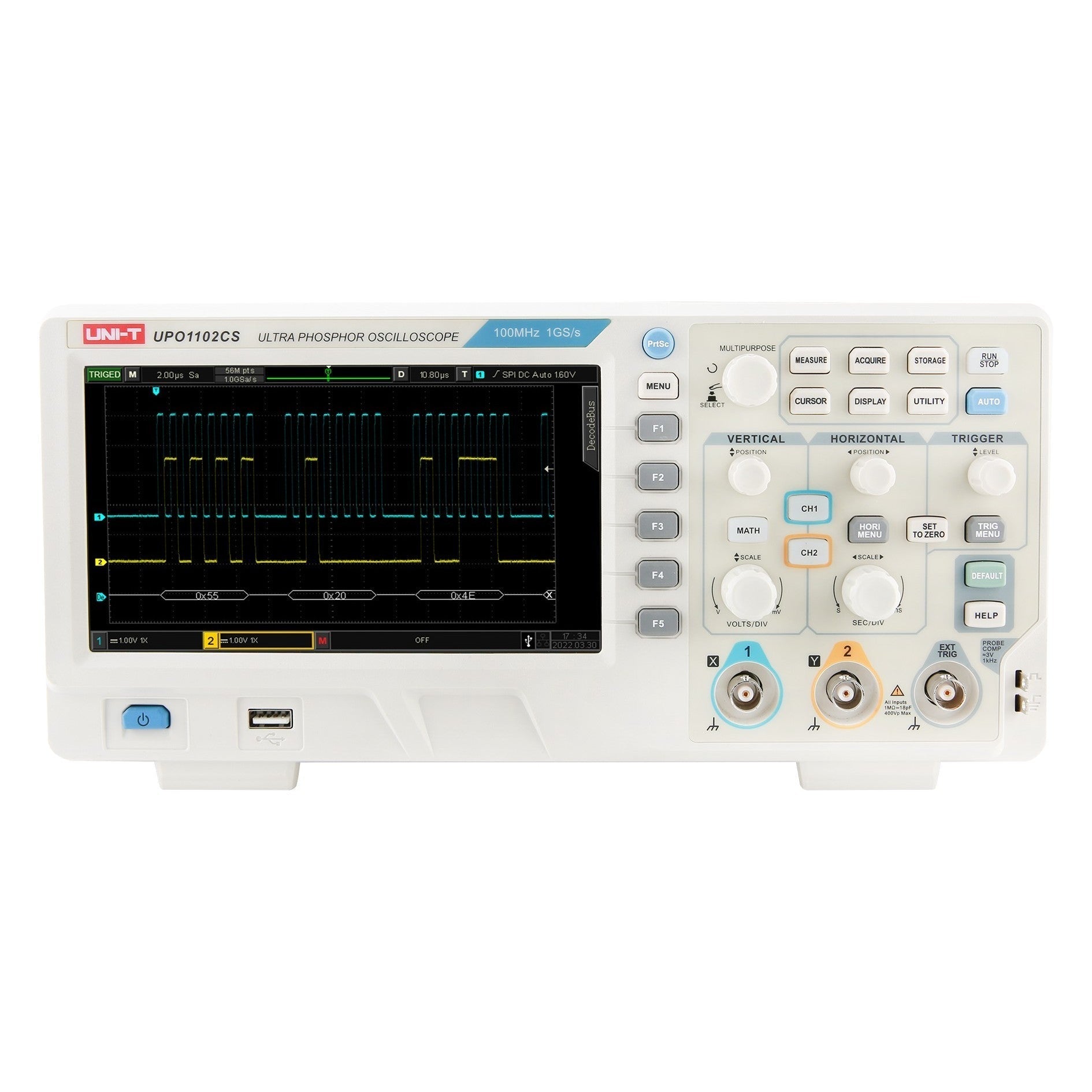 UNI-T UPO1102CS 100 MHz 2-Channel Digital Storage Oscilloscope – 1 GSa/s, 56 Mpts per channel - in a white casing, showing a front-facing screen with waveform data, control knobs, buttons, and input ports.