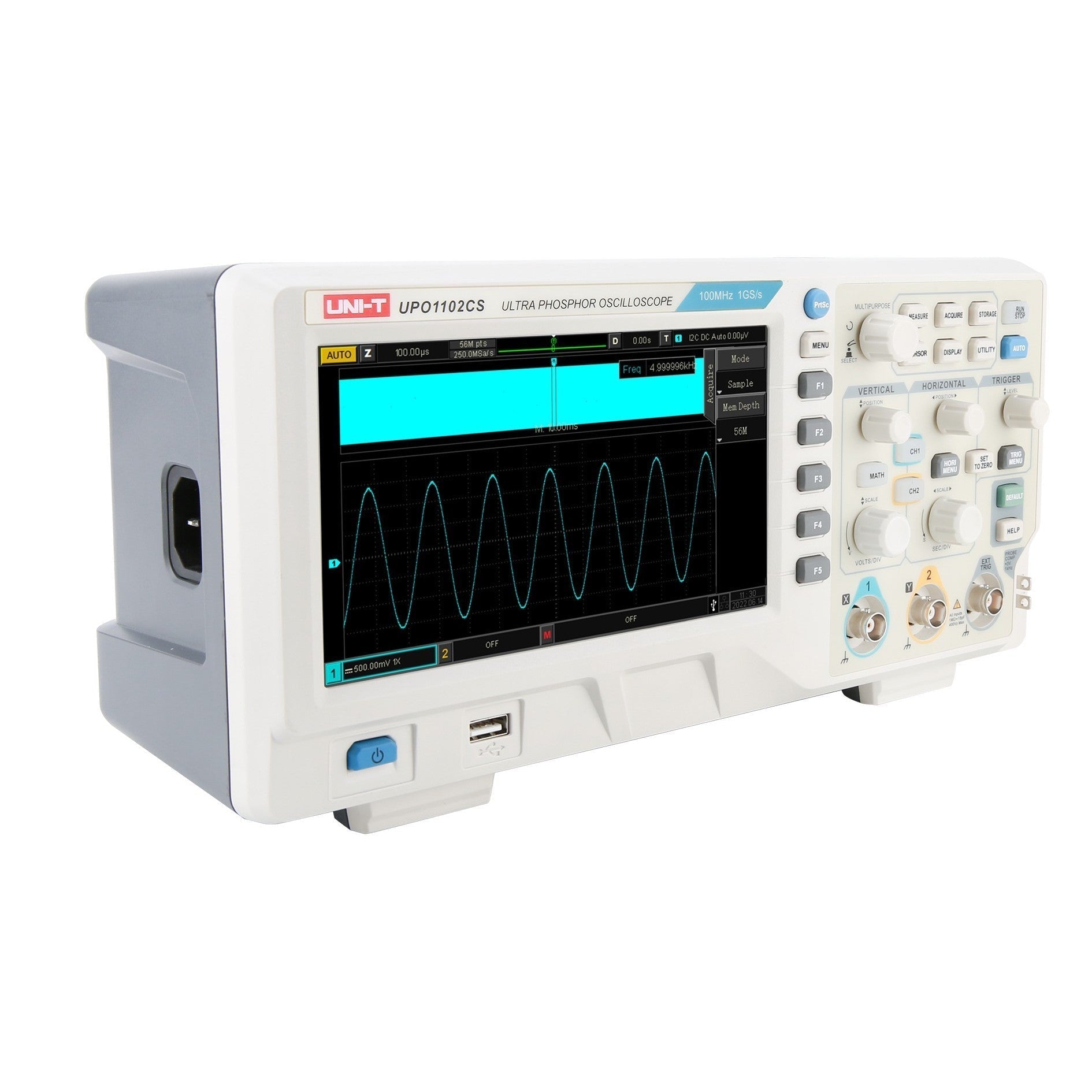 UNI-T UPO1102CS 100 MHz 2-Channel Digital Storage Oscilloscope – 1 GSa/s, 56 Mpts per channel - in a white and grey housing, showing a sine wave on the screen, control knobs, buttons, and a front USB port.