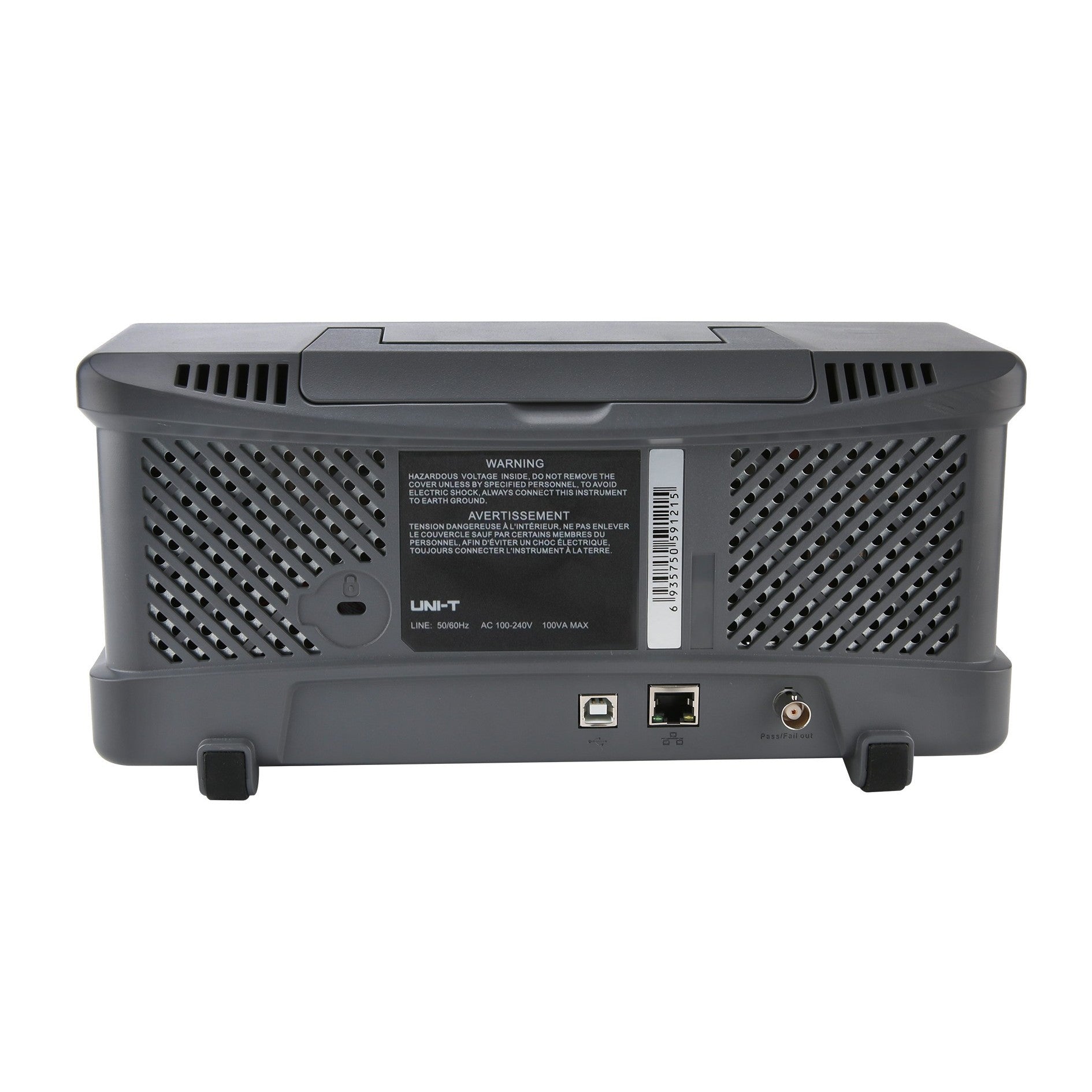 UNI-T UPO1102CS 100 MHz 2-Channel Digital Storage Oscilloscope – 1 GSa/s, 56 Mpts per channel - a grey plastic casing with ventilation grilles, a USB port, an Ethernet port, and a BNC connector.