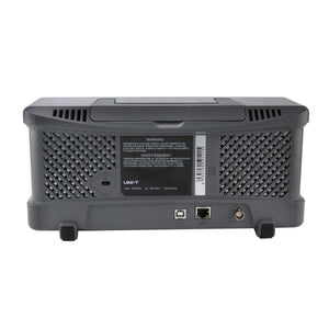 UNI-T UPO1102CS 100 MHz 2-Channel Digital Storage Oscilloscope – 1 GSa/s, 56 Mpts per channel - a grey plastic casing with ventilation grilles, a USB port, an Ethernet port, and a BNC connector.