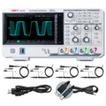UNI-T UPO1104 100 MHz 4-Channel Digital Storage Oscilloscope – 2 GSa/s, 56 Mpts - a white device with a screen showing a waveform, control knobs, ports, four probes, a power cable, and a USB cable.