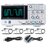 UNI-T UPO1104 100 MHz 4-Channel Digital Storage Oscilloscope – 2 GSa/s, 56 Mpts - a white device with a screen showing a waveform, control knobs, ports, four probes, a power cable, and a USB cable.