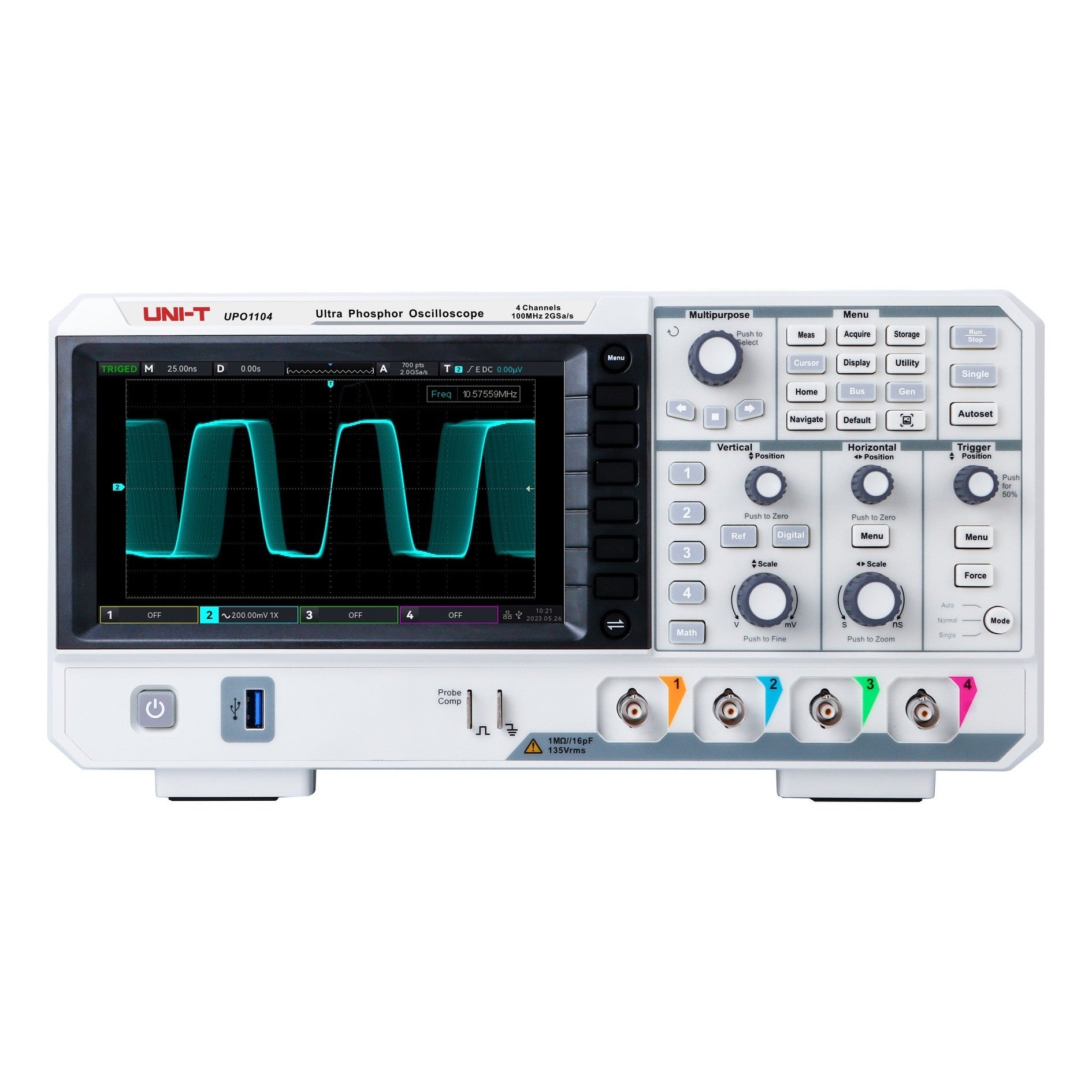 UNI-T UPO1104 100 MHz 4-Channel Digital Storage Oscilloscope – 2 GSa/s, 56 Mpts - a white front panel with a display of a square wave, four input channels, control knobs, and function buttons.