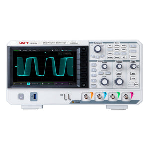 UNI-T UPO1104 100 MHz 4-Channel Digital Storage Oscilloscope – 2 GSa/s, 56 Mpts - a white front panel with a display of a square wave, four input channels, control knobs, and function buttons.