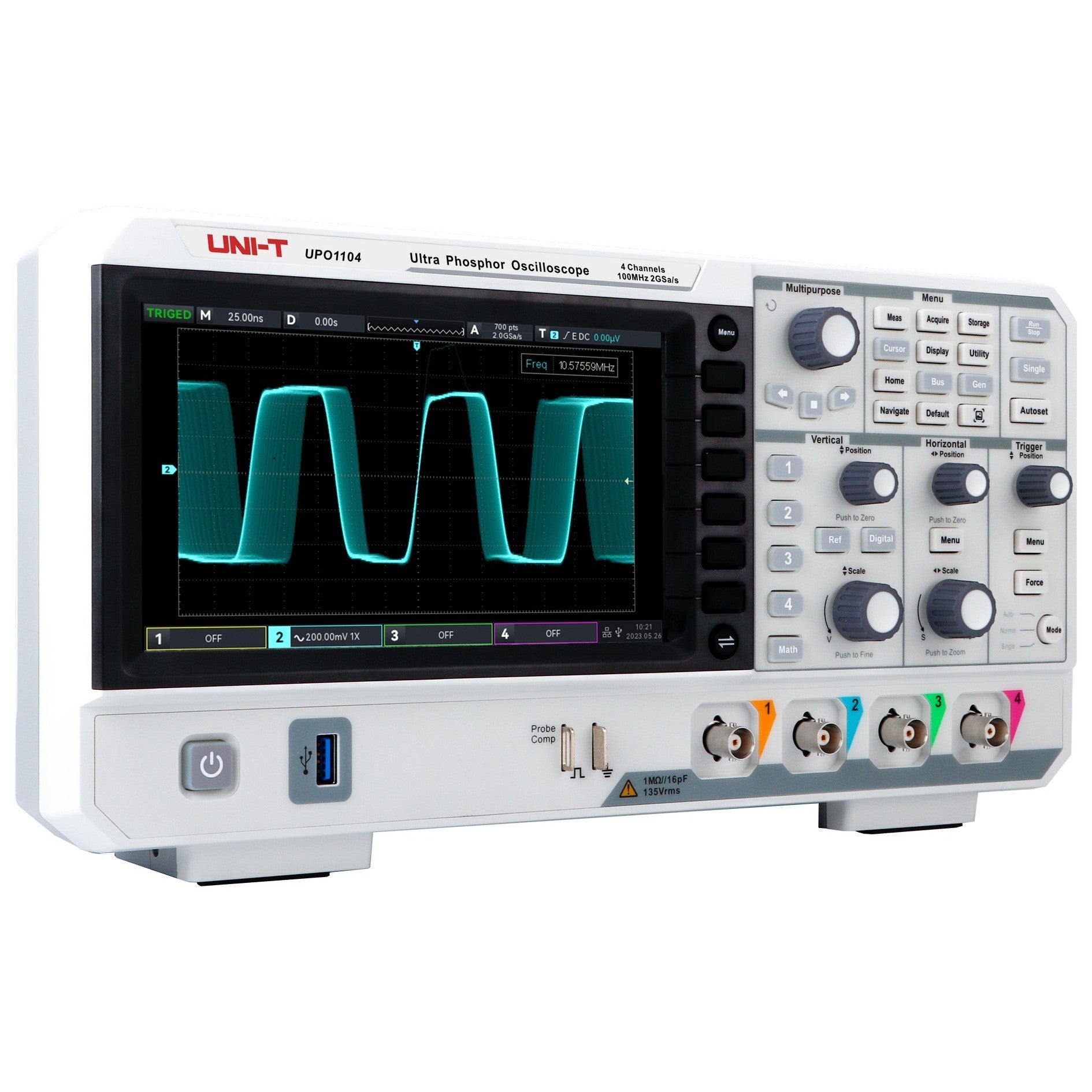 UNI-T UPO1104 100 MHz 4-Channel Digital Storage Oscilloscope – 2 GSa/s, 56 Mpts - a white benchtop device with a screen showing a waveform, control knobs, buttons, and four input ports on the front panel.