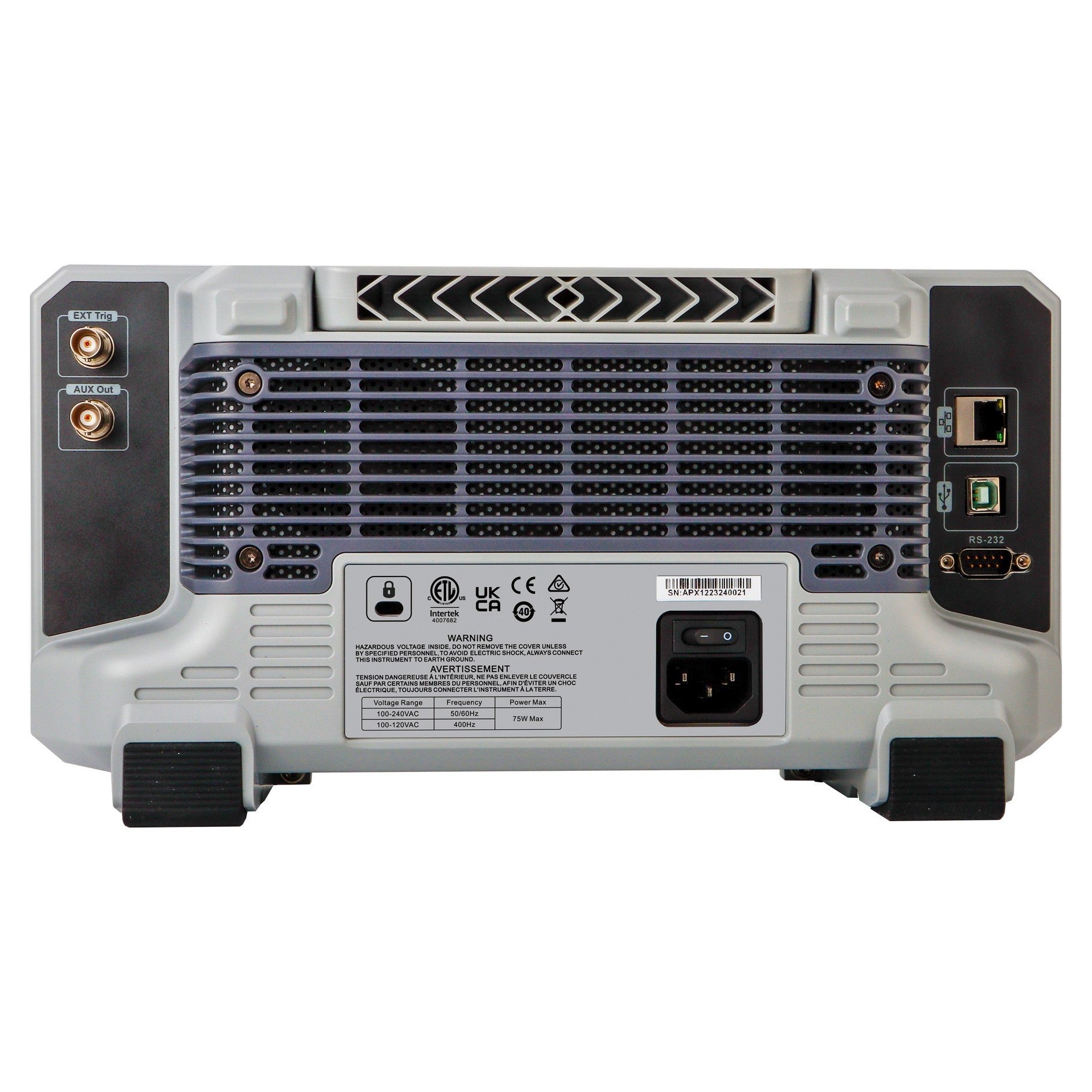 UNI-T UPO1104 100 MHz 4-Channel Digital Storage Oscilloscope – 2 GSa/s, 56 Mpts - rear view showing a grey chassis with a cooling vent, power input, RS-232 port, USB ports, Ethernet port, and two BNC connectors.