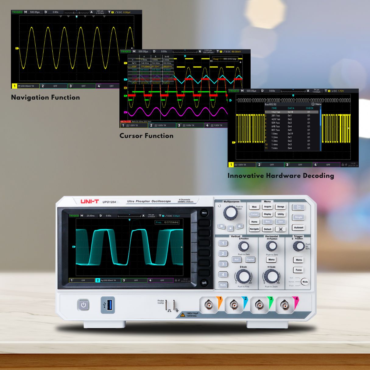 UNI-T UPO1104 100 MHz 4-Channel Digital Storage Oscilloscope – 2 GSa/s, 56 Mpts - a white 4-channel device with a screen, control knobs, buttons, and three inset displays of waveform data.