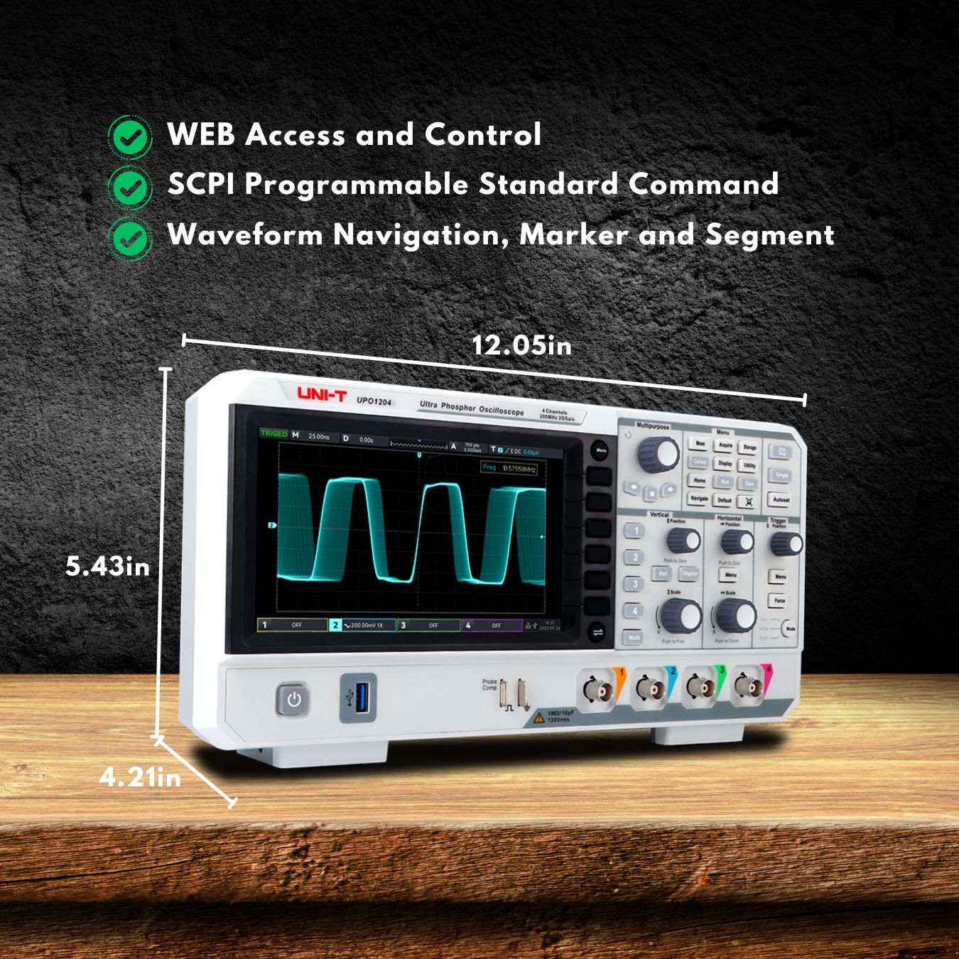 UNI-T UPO1104 100 MHz 4-Channel Digital Storage Oscilloscope – 2 GSa/s, 56 Mpts - dimensions, a screen displaying a waveform, front-panel knobs, buttons, ports, and three green checkmark features.