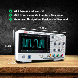 UNI-T UPO1104 100 MHz 4-Channel Digital Storage Oscilloscope – 2 GSa/s, 56 Mpts - dimensions, a screen displaying a waveform, front-panel knobs, buttons, ports, and three green checkmark features.