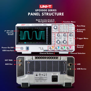 UNI-T UPO1104 100 MHz 4-Channel Digital Storage Oscilloscope – 2 GSa/s, 56 Mpts - UNI-T UPO1000 Series oscilloscope front and rear panel diagram showing the screen, control knobs, buttons, input ports, LAN, and USB interface ports.