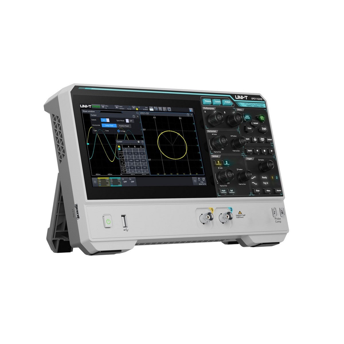 UNI-T UPO1152HD 150 MHz 2-Channel Digital Storage Oscilloscope – 1.25 GSa/s (single channel), 625 MSa/s (dual channels), 100 Mpts - white housing, showing a screen with waveform and circular plots, control knobs, and two input channel ports.