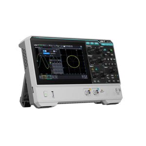 UNI-T UPO1152HD 150 MHz 2-Channel Digital Storage Oscilloscope – 1.25 GSa/s (single channel), 625 MSa/s (dual channels), 100 Mpts - white housing, showing a screen with waveform and circular plots, control knobs, and two input channel ports.