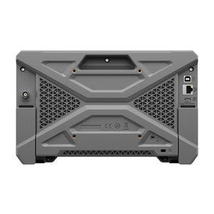 UNI-T UPO1152HD 150 MHz 2-Channel Digital Storage Oscilloscope – 1.25 GSa/s (single channel), 625 MSa/s (dual channels), 100 Mpts - rear view of the grey digital storage oscilloscope showing an AUX Out port, a USB-C power input, a USB port, and an Ethernet port.