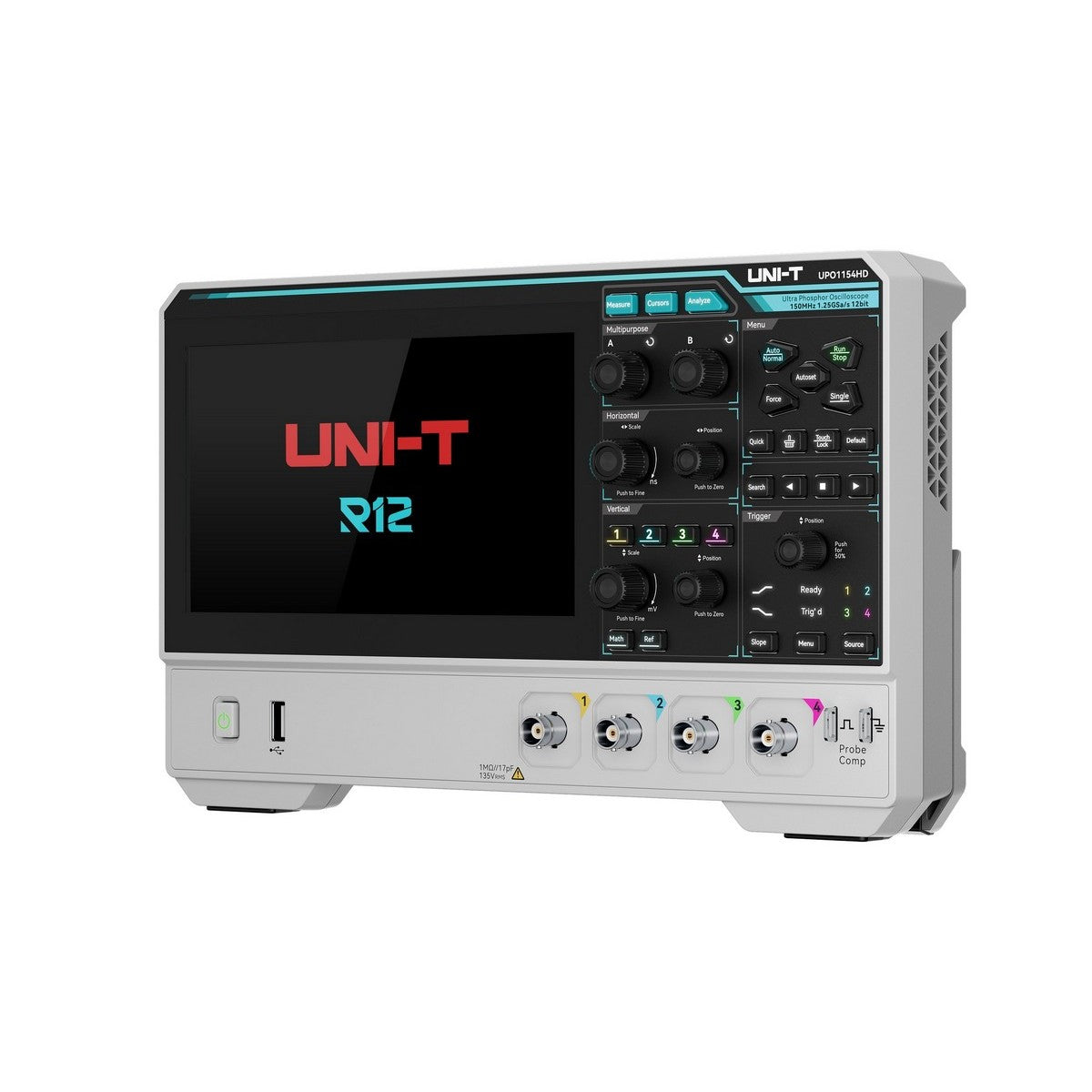UNI-T UPO1154HD 150 MHz 4-Channel Digital Storage Oscilloscope – 1.25 GSa/s (single channel), 625 MSa/s (dual channels), 312.5 MSa/s (four channels), - a grey, rectangular body with a front display showing "UNI-T R12", control knobs, and four BNC ports.
