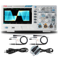 UNI-T UPO1202CS 200 MHz 2-Channel Digital Storage Oscilloscope – 1GSa/s, 56MPTS - with a white body, screen showing a waveform, control knobs, buttons, two probes, a power cable, and a USB cable.