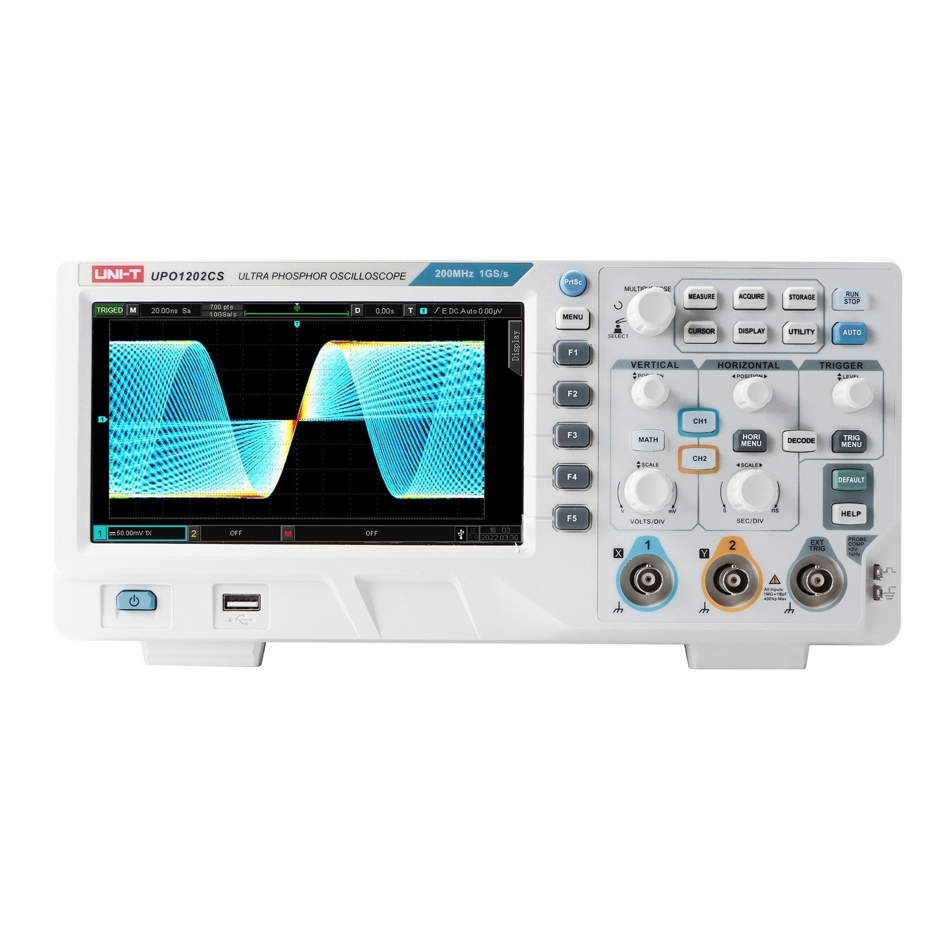UNI-T UPO1202CS 200 MHz 2-Channel Digital Storage Oscilloscope – 1GSa/s, 56MPTS - a front-facing display with a blue waveform, control knobs, buttons, and input ports.