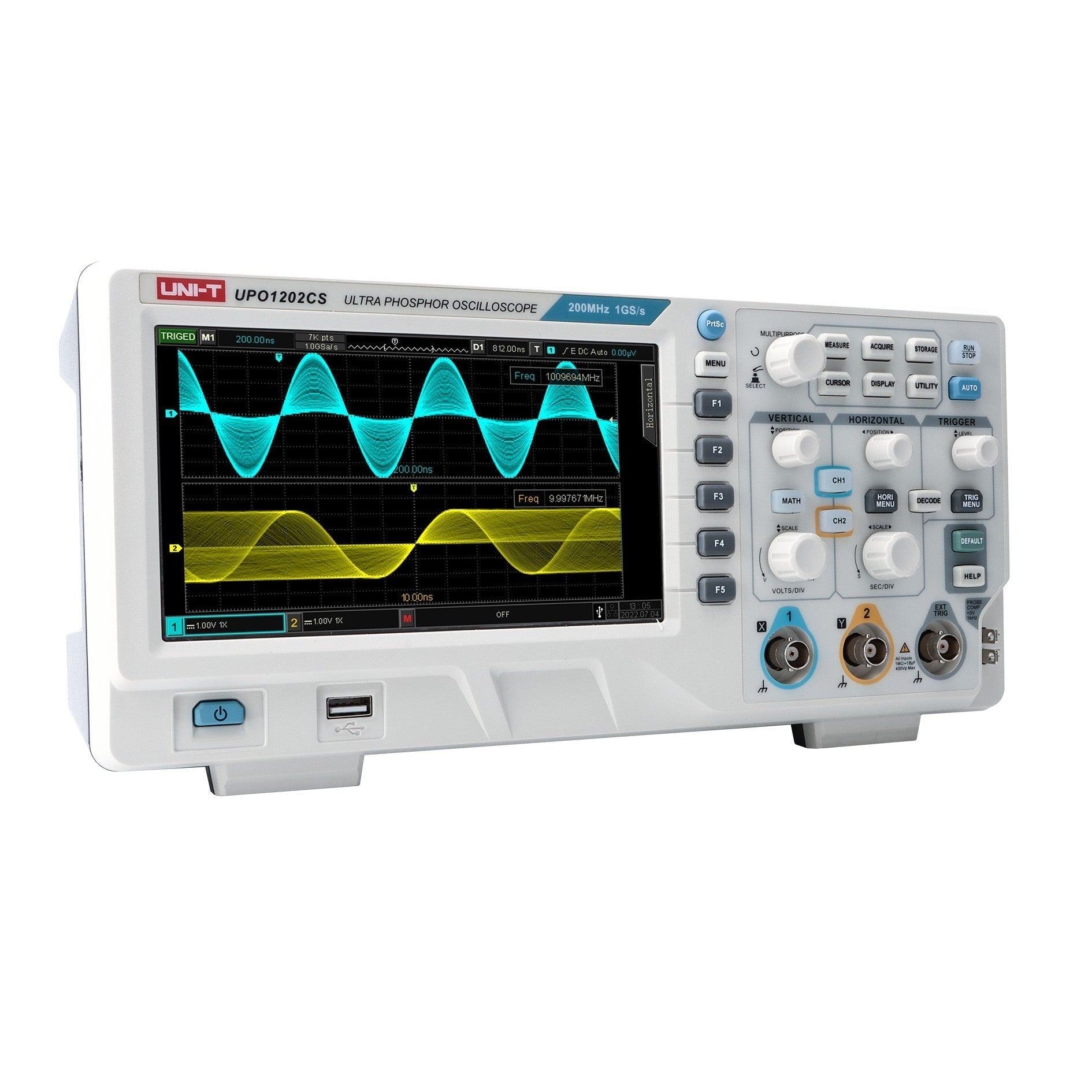 UNI-T UPO1202CS 200 MHz 2-Channel Digital Storage Oscilloscope – 1GSa/s, 56MPTS - in a white housing with a screen displaying two sine waves, front control knobs, buttons, and input ports.