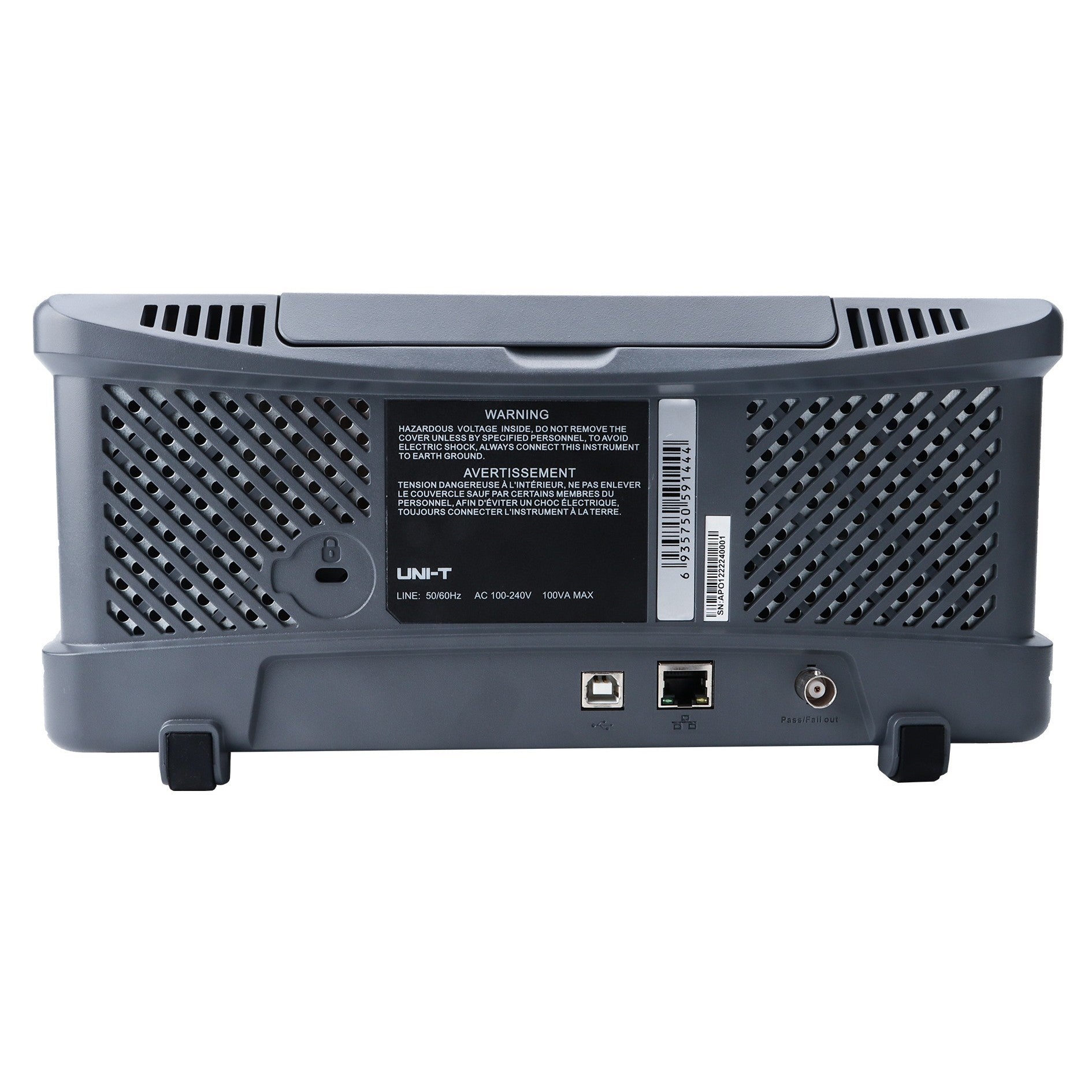 UNI-T UPO1202CS 200 MHz 2-Channel Digital Storage Oscilloscope – 1GSa/s, 56MPTS - the grey plastic casing, ventilation grilles, a USB port, an Ethernet port, and a Pass/Fail BNC connector.