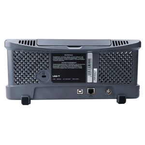 UNI-T UPO1202CS 200 MHz 2-Channel Digital Storage Oscilloscope – 1GSa/s, 56MPTS - the grey plastic casing, ventilation grilles, a USB port, an Ethernet port, and a Pass/Fail BNC connector.