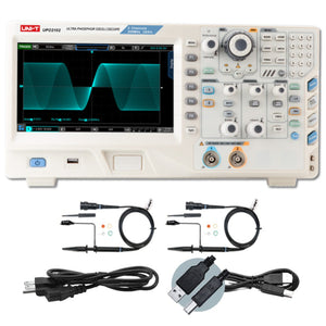 UNI-T UPO2102E 100 MHz 2-Channel Digital Storage Oscilloscope – 2GSa/s, 56MPTS - with a screen showing a sine wave, front panel controls, two probes, a power cord, and a USB cable on a white background.
