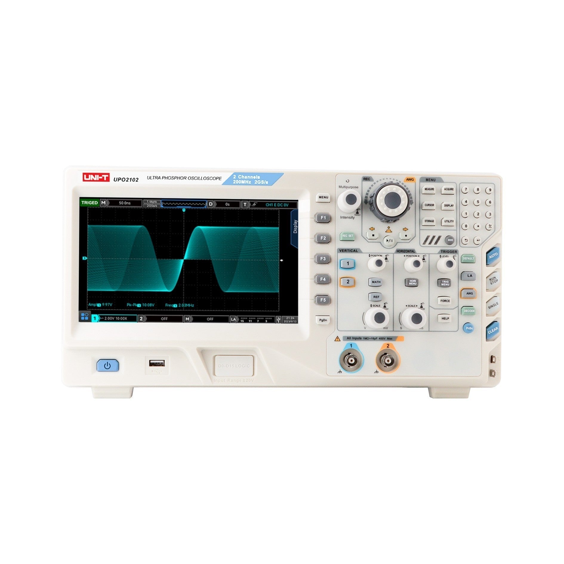 UNI-T UPO2102E 100 MHz 2-Channel Digital Storage Oscilloscope – 2GSa/s, 56MPTS - a white benchtop device with a screen showing a sine wave, front-panel control knobs, buttons, and two input ports.
