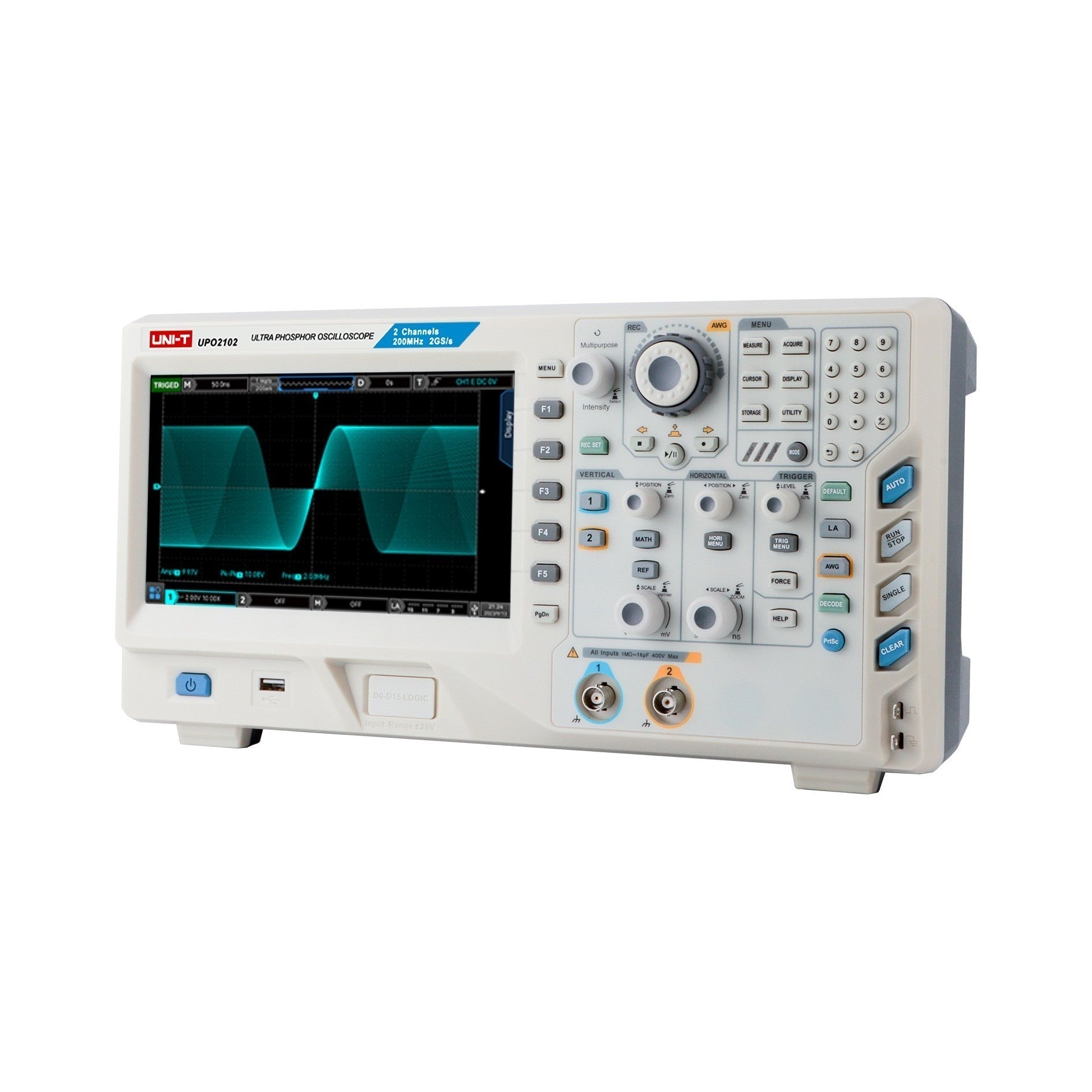UNI-T UPO2102E 100 MHz 2-Channel Digital Storage Oscilloscope – 2GSa/s, 56MPTS - in a white housing showing a waveform on its screen, with front-panel knobs, buttons, and two input BNC connectors.