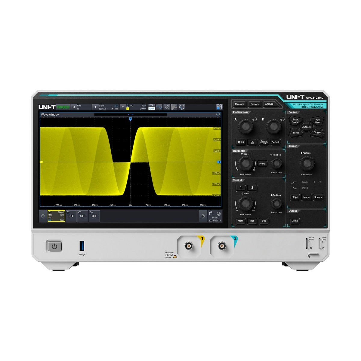 UNI-T UPO2102HD 100 MHz 2-Channel Digital Storage Oscilloscope – 2.5 GSa/s, 100 Mpts - a white and grey benchtop device showing a yellow sine wave on its screen with front panel knobs, buttons, and ports.