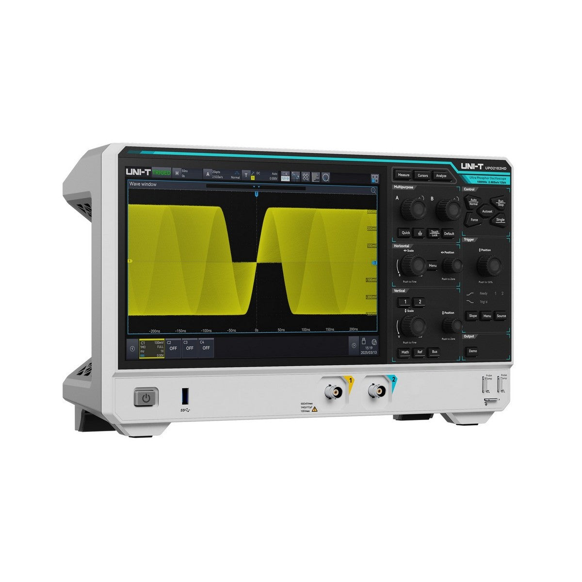 UNI-T UPO2102HD 100 MHz 2-Channel Digital Storage Oscilloscope – 2.5 GSa/s, 100 Mpts - in a white and grey housing showing a yellow sine wave on its screen, with control knobs, buttons, and two ports.