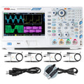 UNI-T UPO2104E 100 MHz 4-Channel Digital Storage Oscilloscope – 2GSa/s, 56MPTS - white unit with screen showing four waveforms, front panel buttons, knobs, ports, four probes, power cord, and USB cable.