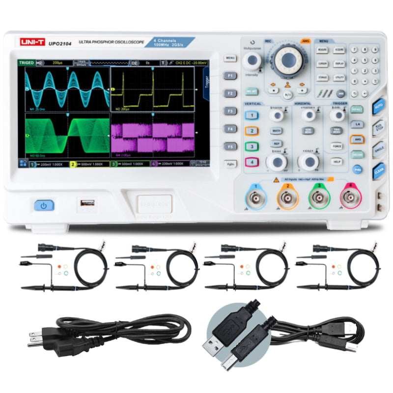 UNI-T UPO2104E 100 MHz 4-Channel Digital Storage Oscilloscope – 2GSa/s, 56MPTS - white unit with screen showing four waveforms, front panel buttons, knobs, ports, four probes, power cord, and USB cable.