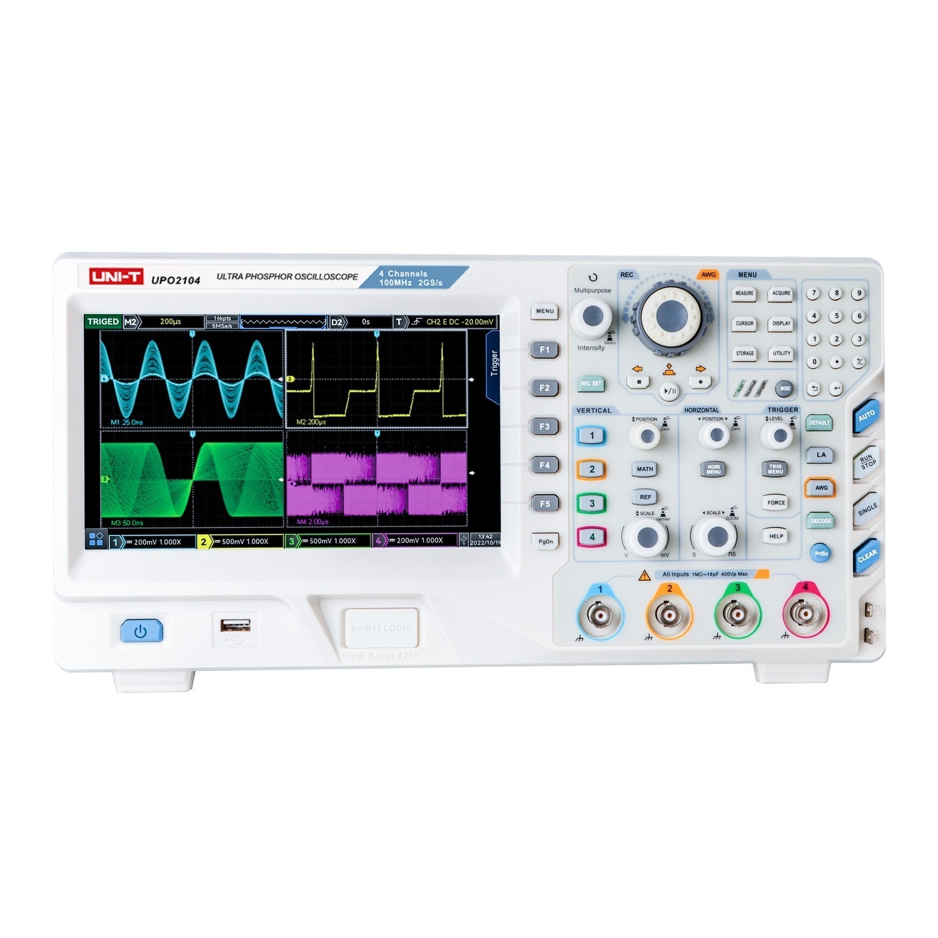 UNI-T UPO2104E 100 MHz 4-Channel Digital Storage Oscilloscope – 2GSa/s, 56MPTS - a white benchtop device with a front-panel display showing four waveforms and various control knobs.