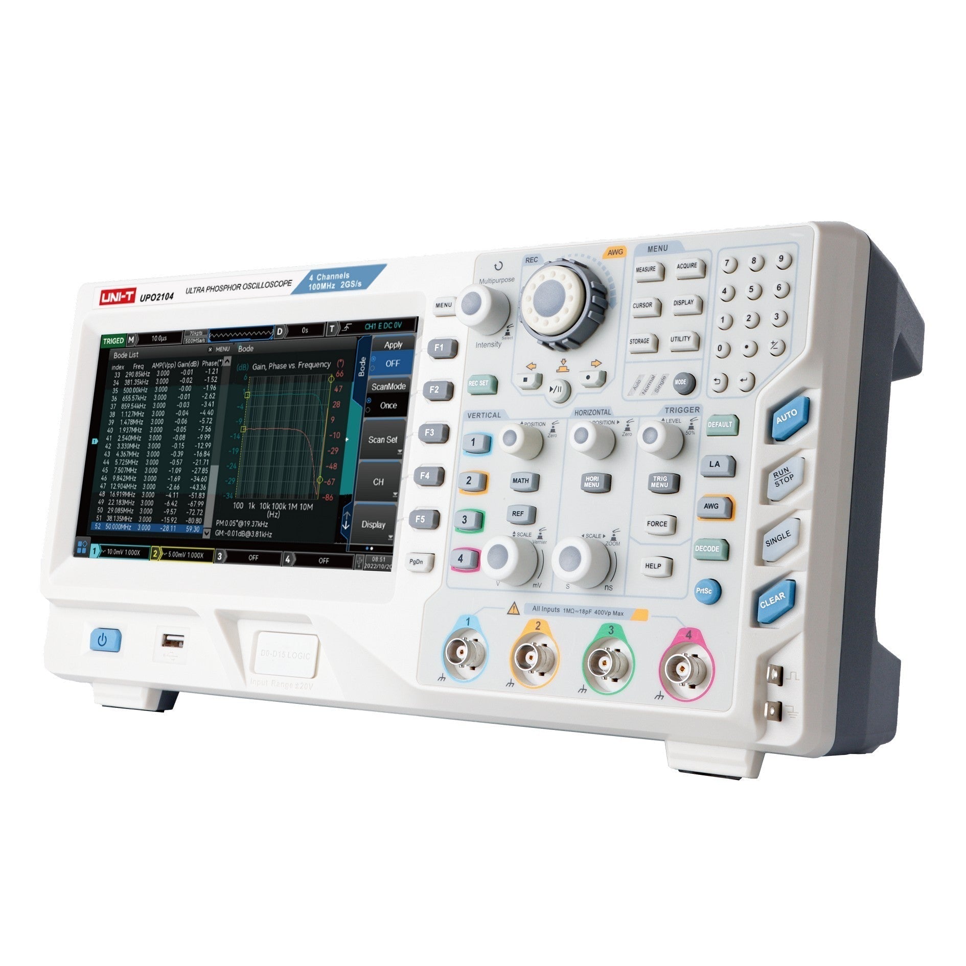 UNI-T UPO2104E 100 MHz 4-Channel Digital Storage Oscilloscope – 2GSa/s, 56MPTS - a white and grey body with a screen displaying a Bode plot, control knobs, buttons, and four input ports.