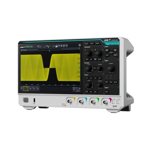 UNI-T UPO2104HD 100 MHz 4-Channel Digital Storage Oscilloscope – 2.5 GSa/s, 100 Mpts - in a white housing with a large screen showing a yellow waveform, front control knobs, buttons, and four input ports.