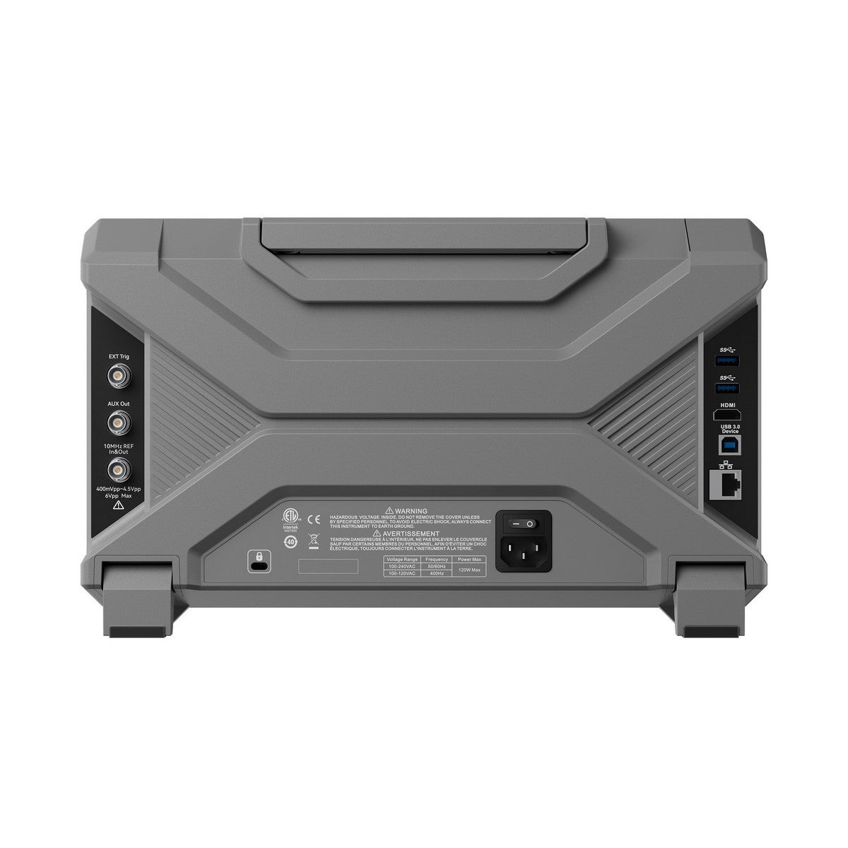 UNI-T UPO2104HD 100 MHz 4-Channel Digital Storage Oscilloscope – 2.5 GSa/s, 100 Mpts - the grey casing, power input, cooling vent, Ethernet, USB, HDMI, and BNC signal ports.