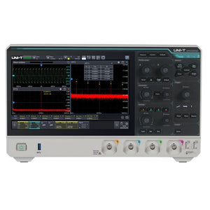 UNI-T UPO2204HD 200 MHz 4-Channel Digital Storage Oscilloscope – 2.5 GSa/s, 100 Mpts - a white and grey benchtop unit with a large screen displaying waveforms, FFT data, and front panel controls.