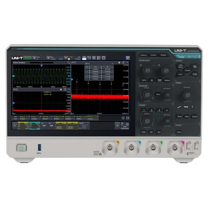 UNI-T UPO2204HD 200 MHz 4-Channel Digital Storage Oscilloscope – 2.5 GSa/s, 100 Mpts - a white and grey benchtop unit with a large screen displaying waveforms, FFT data, and front panel controls.