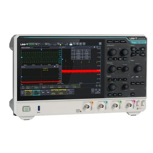 UNI-T UPO2204HD 200 MHz 4-Channel Digital Storage Oscilloscope – 2.5 GSa/s, 100 Mpts - a white and grey benchtop device with a large screen displaying waveforms, FFT analysis, and front-panel controls.