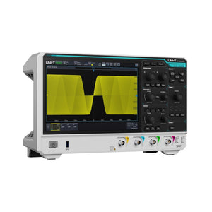 UNI-T UPO2204HD 200 MHz 4-Channel Digital Storage Oscilloscope – 2.5 GSa/s, 100 Mpts - in a white and grey housing showing a yellow sine wave on its screen, with front-panel knobs, buttons, and ports.