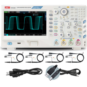 UNI-T UPO3354E 350 MHz 4-Channel Digital Storage Oscilloscope – 2.5GSa/s, 250MPTS - a white device with a screen displaying a waveform, buttons, knobs, four probes, a power cord, and a USB cable.