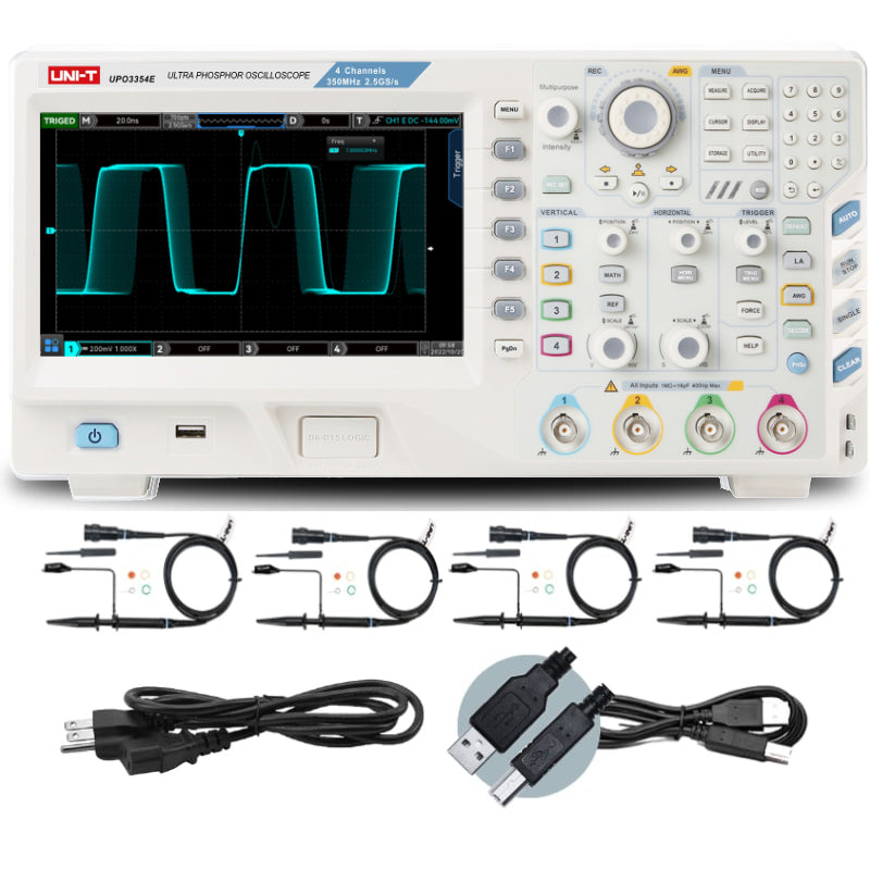 UNI-T UPO3354E 350 MHz 4-Channel Digital Storage Oscilloscope – 2.5GSa/s, 250MPTS - a white device with a screen displaying a waveform, buttons, knobs, four probes, a power cord, and a USB cable.
