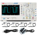 UNI-T UPO3504E 500 MHz 4-Channel Digital Storage Oscilloscope – 2.5GSa/s, 250MPTS - a white front panel with a digital screen displaying a waveform, control knobs, buttons, four probes, and cables.
