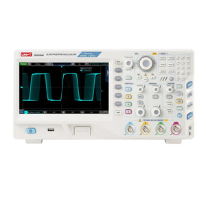 UNI-T UPO3504E 500 MHz 4-Channel Digital Storage Oscilloscope – 2.5GSa/s, 250MPTS - a white desktop device with a front-facing screen displaying a square wave, control knobs, buttons, and four input ports.