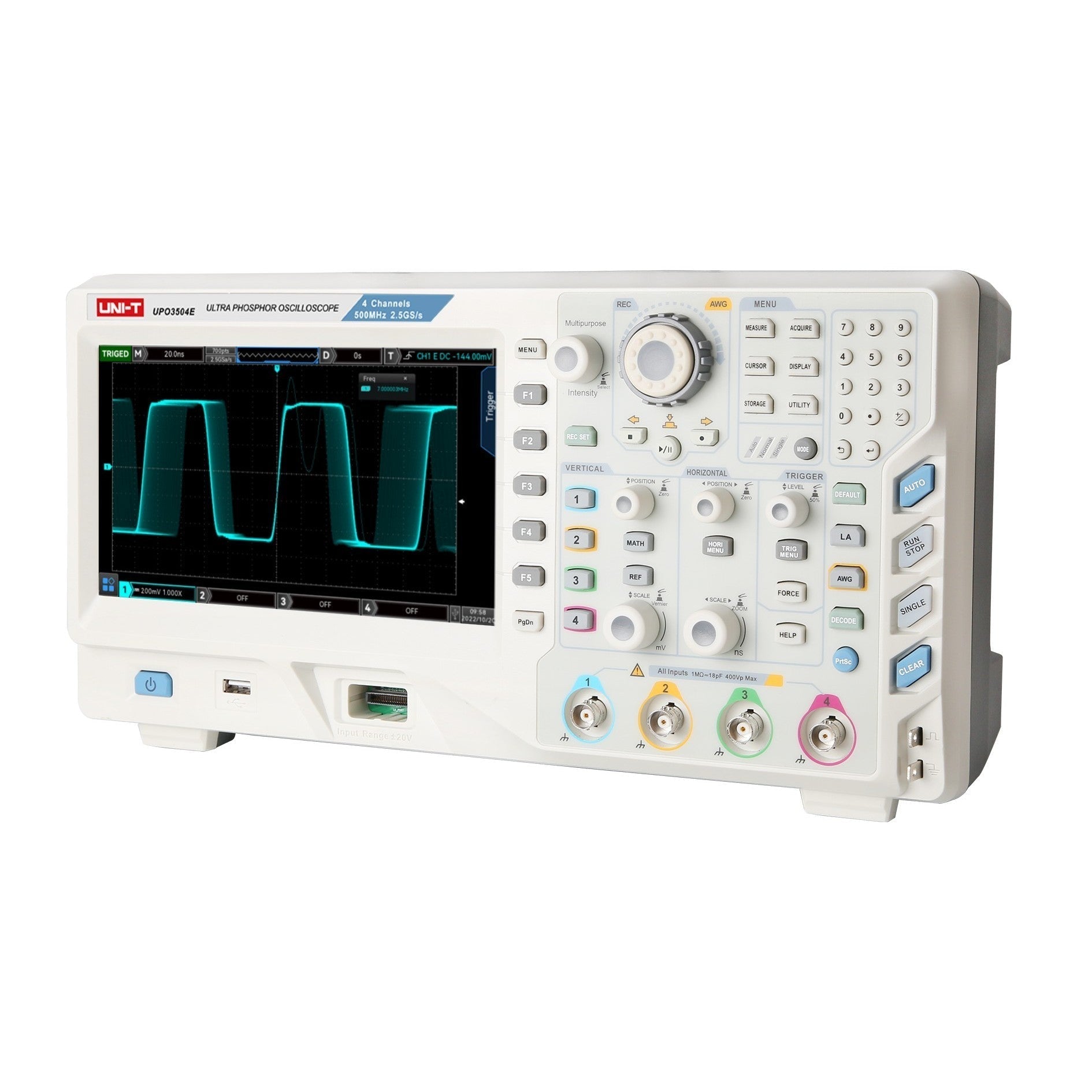UNI-T UPO3504E 500 MHz 4-Channel Digital Storage Oscilloscope – 2.5GSa/s, 250MPTS - a white digital storage device with a front screen showing a waveform, control knobs, buttons, and four input ports.