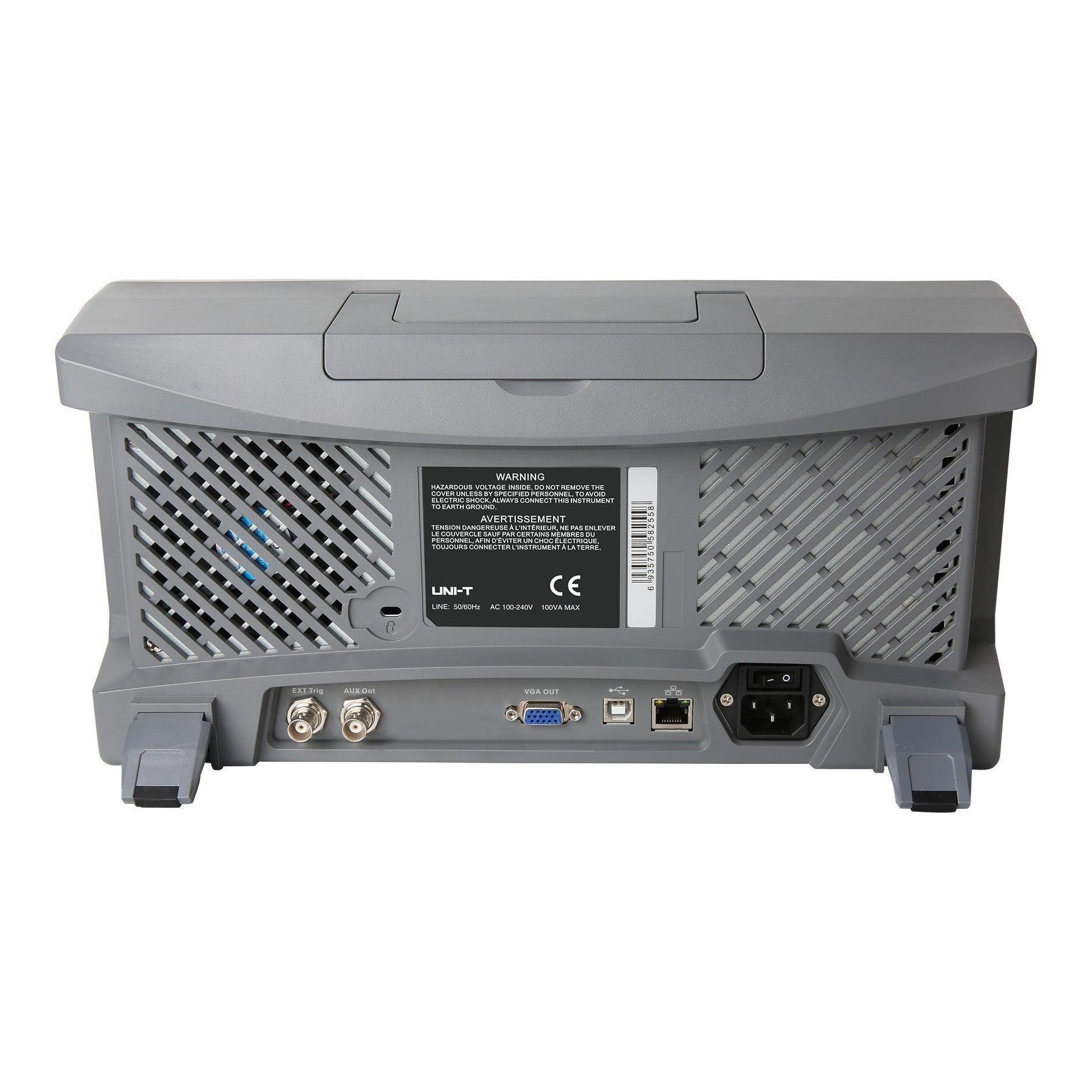 UNI-T UPO3504E 500 MHz 4-Channel Digital Storage Oscilloscope – 2.5GSa/s, 250MPTS - the grey plastic casing, cooling vents, BNC connectors, VGA port, USB, LAN, and power input.