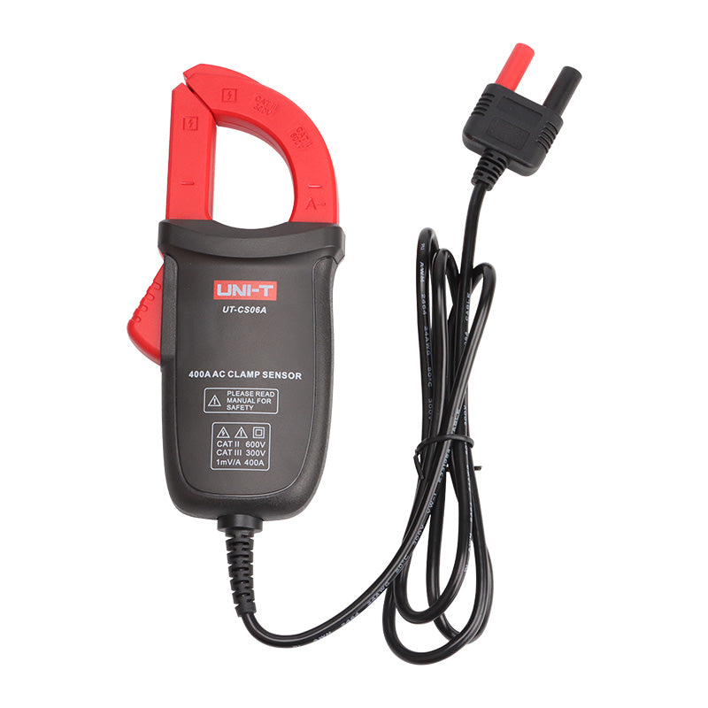 UNI-T UT-CS06A 400A AC Current Clamp Sensor – Clamp Adapter for Multimeters, 1mV/A Output, 28mm Jaw, CAT III 300V - with a red jaw, black body, and a cable ending in two red and black banana plug connectors.