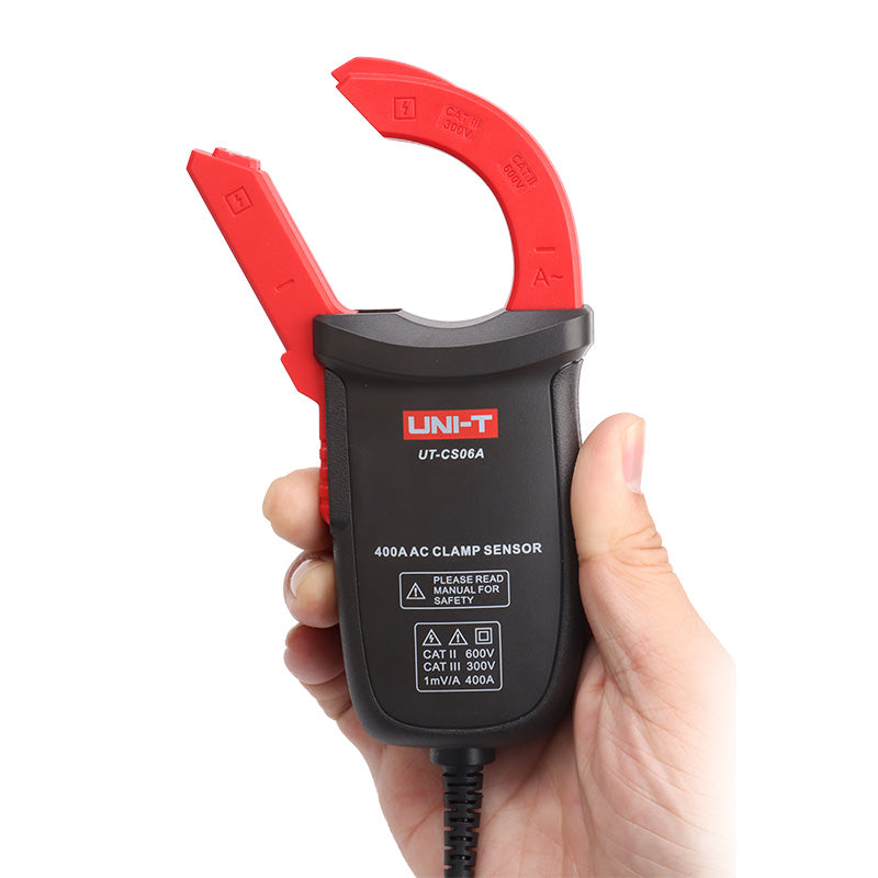 UNI-T UT-CS06A 400A AC Current Clamp Sensor – Clamp Adapter for Multimeters, 1mV/A Output, 28mm Jaw, CAT III 300V - a black body with a red open-jaw clamp and a bottom cable connector.